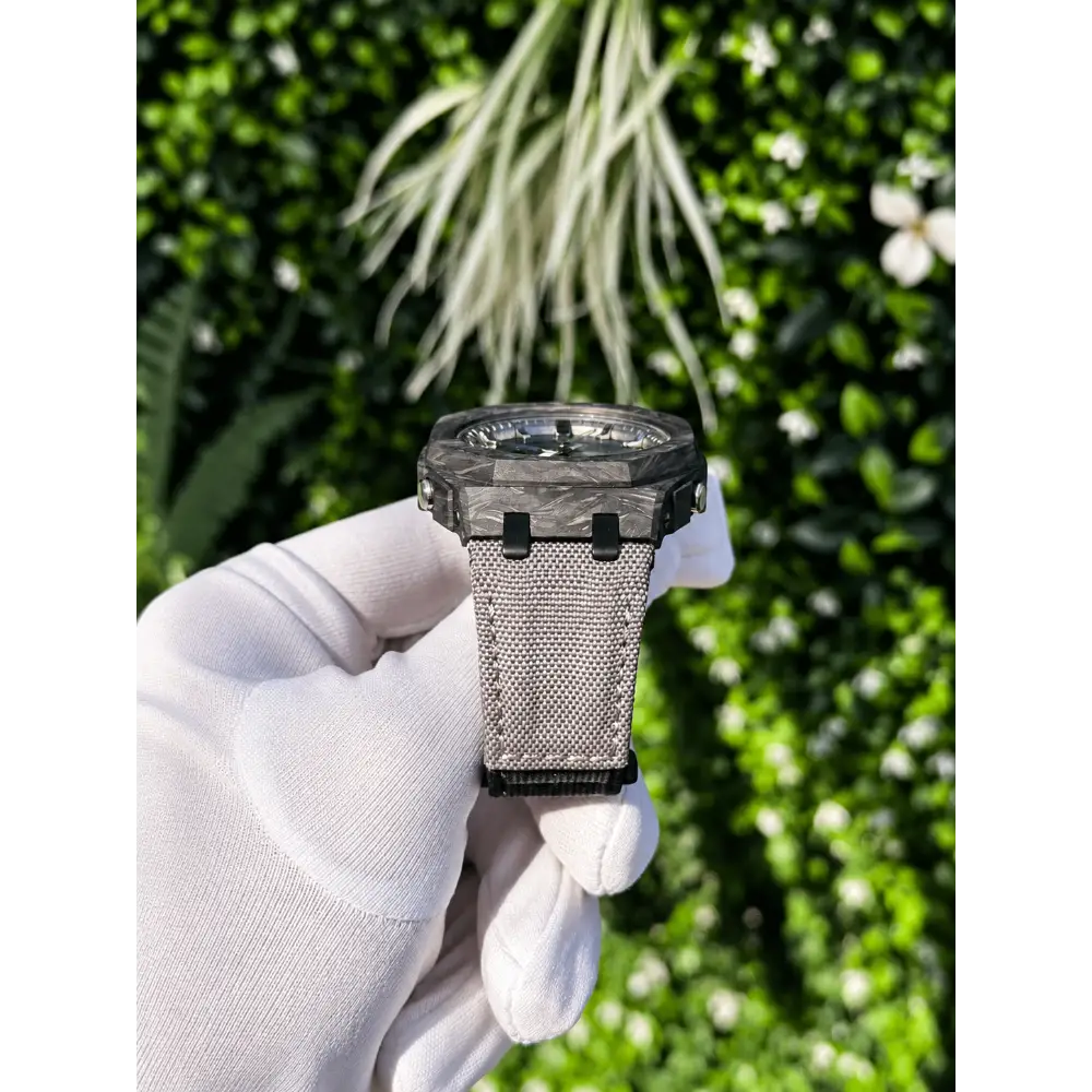 Montre CasiOak Custom – Full Silver Carbon Fiber - Nylon Canvas Velcro Strap - Mod G-Shock GA2100