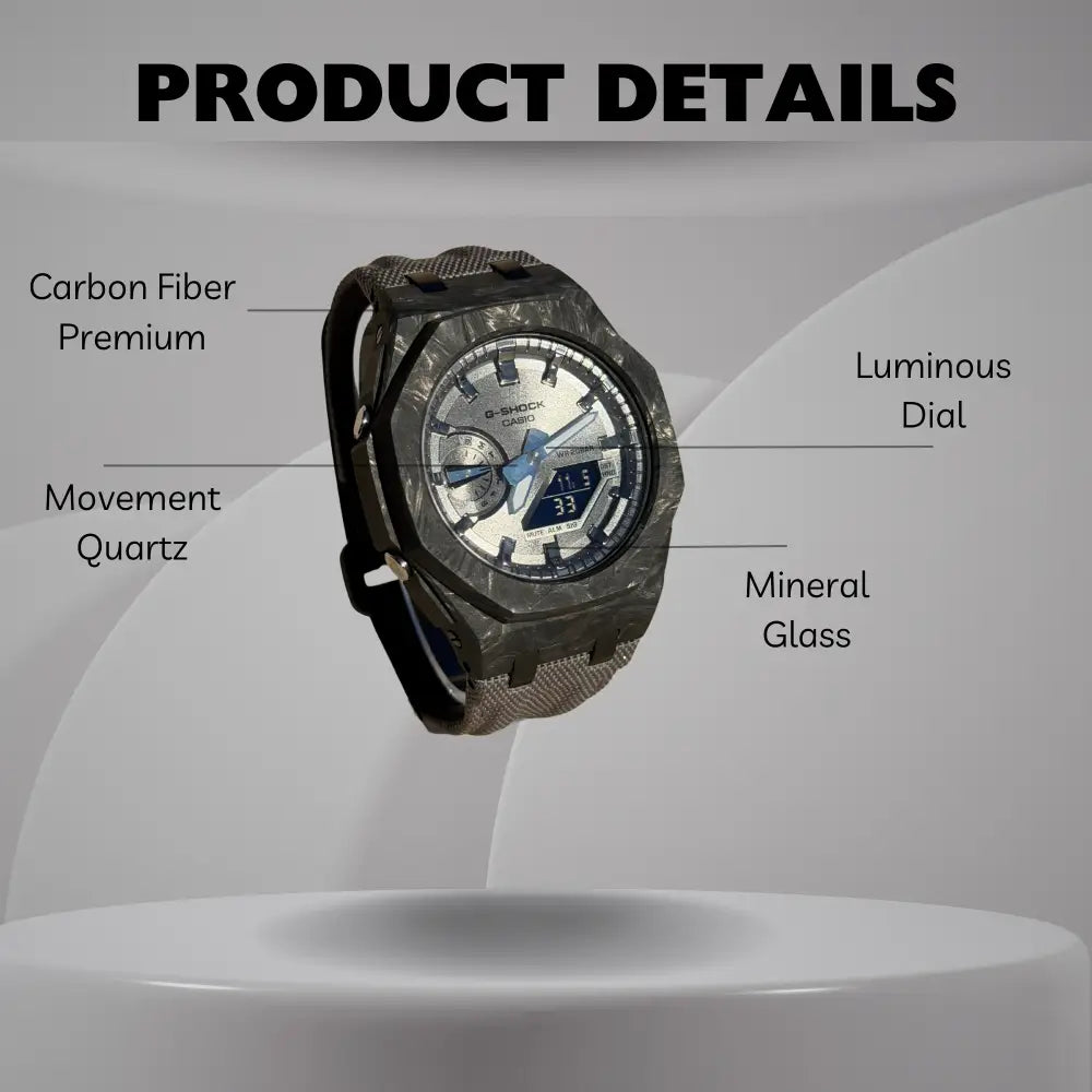 Montre CasiOak Custom – Full Silver Carbon Fiber - Nylon Canvas Velcro Strap - Mod G-Shock GA2100