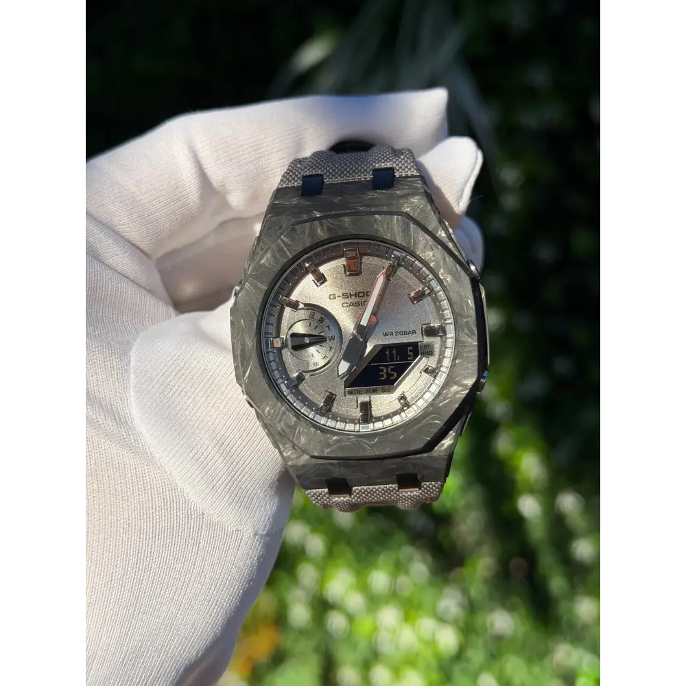 Montre CasiOak Custom – Full Silver Carbon Fiber - Nylon Canvas Velcro Strap - Mod G-Shock GA2100
