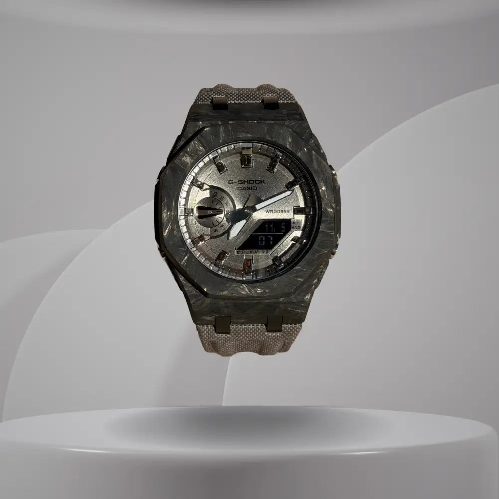 Montre CasiOak Custom – Full Silver Carbon Fiber - Nylon Canvas Velcro Strap - Mod G-Shock GA2100