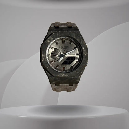 Montre CasiOak Custom – Full Silver Carbon Fiber - Nylon Canvas Velcro Strap - Mod G-Shock GA2100