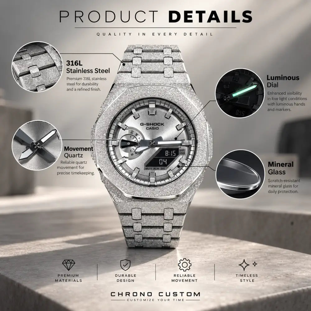 Montre CasiOak Custom – Full Silver Frosted - Mod G-Shock GA2100 