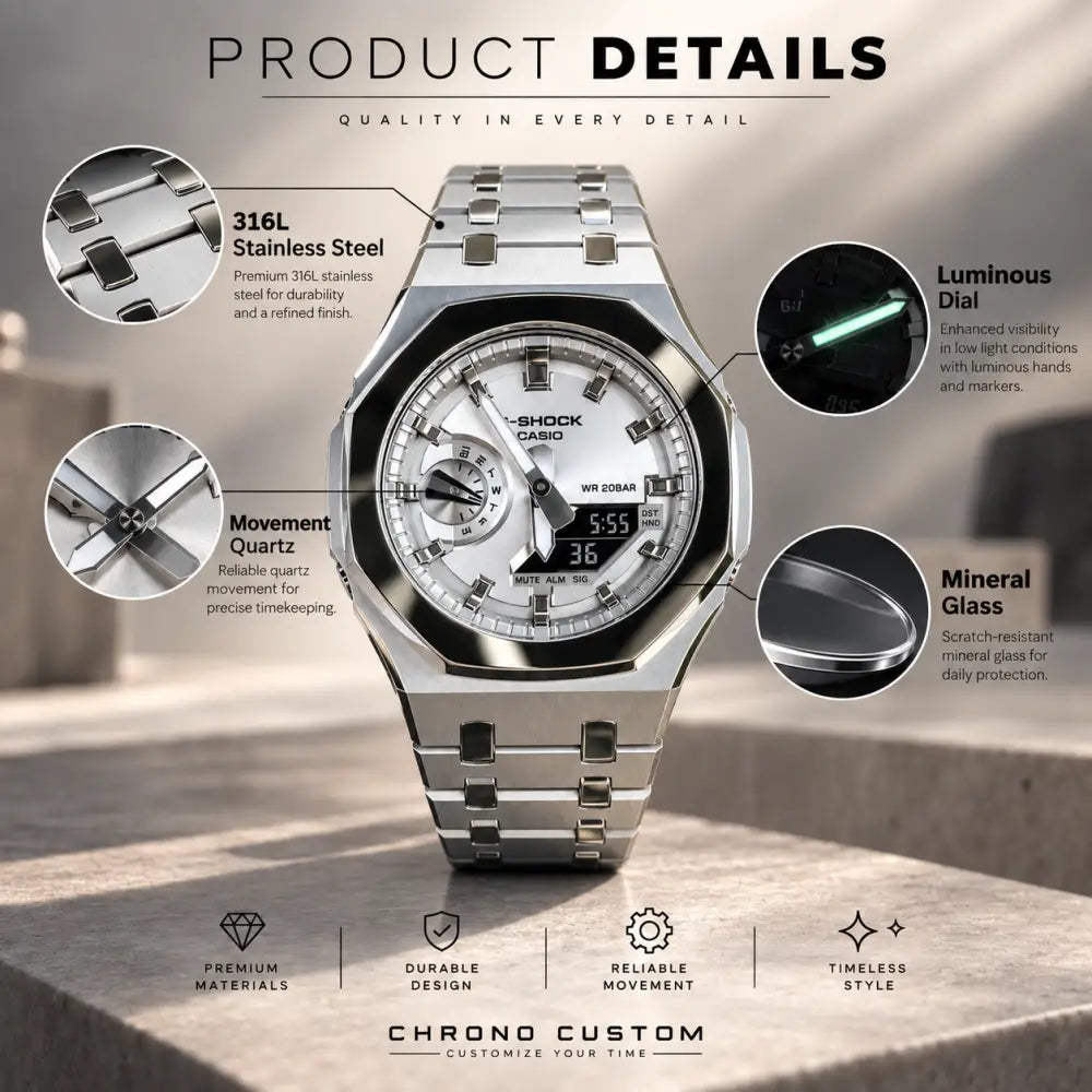 Montre CasiOak Custom – Full Silver Mirror Polish - Mod G-Shock GA2100