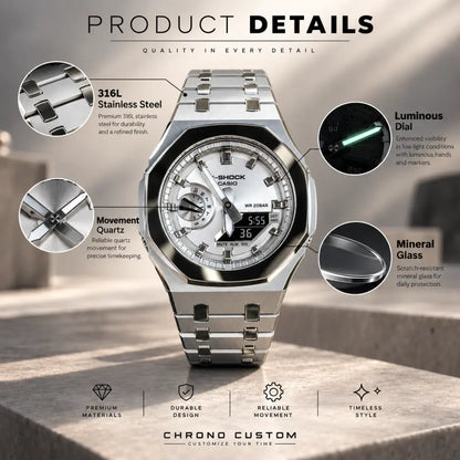 Montre CasiOak Custom – Full Silver Mirror Polish - Mod G-Shock GA2100
