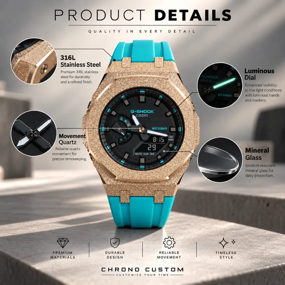 Casio G-Shock Mod Watch - Rose Gold Blue Frosted - GMA-S2100 Custom Casioak