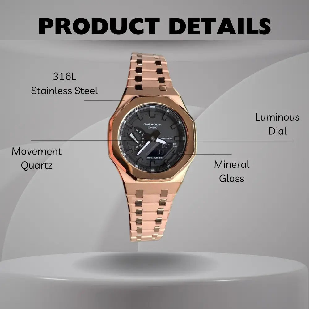 Montre CasiOak Custom – Rose Gold Mirror Polish - Mod G-Shock GA2100