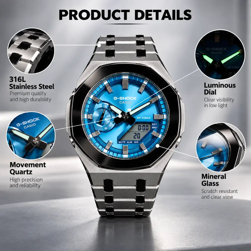 Montre CasiOak Custom – Silver Blue Mirror Polish - Mod G-Shock GA2100