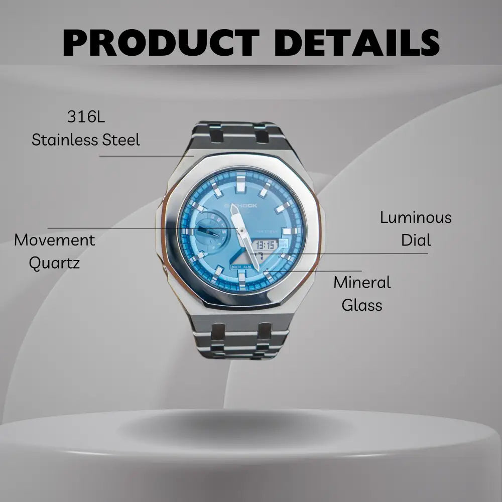 Montre CasiOak Custom – Silver Blue Mirror Polish - Mod G-Shock GA2100