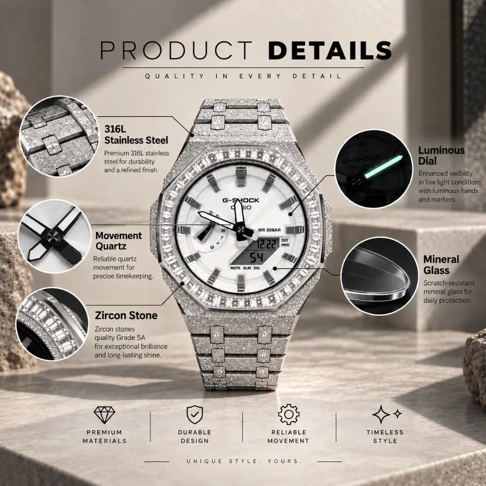 Casio G-Shock GA2100 – Silver Frosted Diamond Bezel | Custom Casioak | Men's watch | Mod premium | Men's Gift | Custom watch | Modded G-Shock - ChronoCustom
