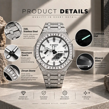 Casio G-Shock GA2100 – Silver Frosted Diamond Bezel | Custom Casioak | Men's watch | Mod premium | Men's Gift | Custom watch | Modded G-Shock - ChronoCustom