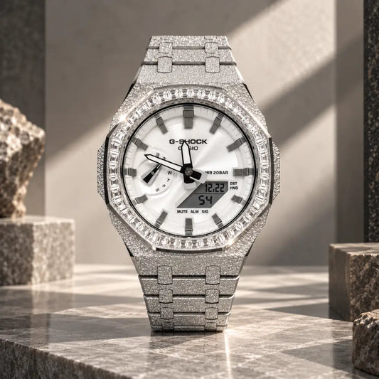 Casio G-Shock GA2100 – Silver Frosted Diamond Bezel | Custom Casioak | Men's watch | Mod premium | Men's Gift | Custom watch | Modded G-Shock - ChronoCustom