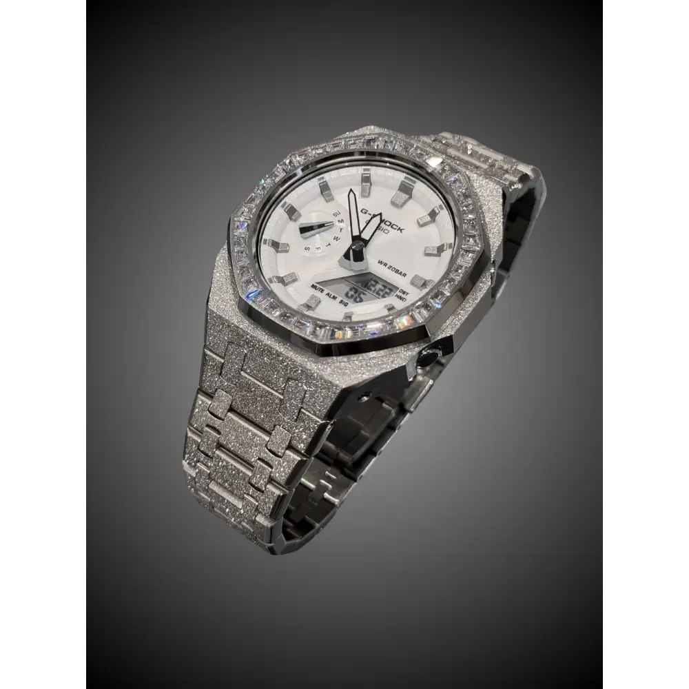 Casio G-Shock GA2100 – Silver Frosted Diamond Bezel | Custom Casioak | Men's watch | Mod premium | Men's Gift | Custom watch | Modded G-Shock - ChronoCustom