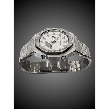 Casio G-Shock GA2100 – Silver Frosted Diamond Bezel | Custom Casioak | Men's watch | Mod premium | Men's Gift | Custom watch | Modded G-Shock - ChronoCustom