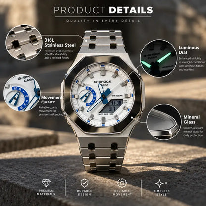 Montre CasiOak Custom – Silver White Blue Mirror Polish - Mod G-Shock GA2100 