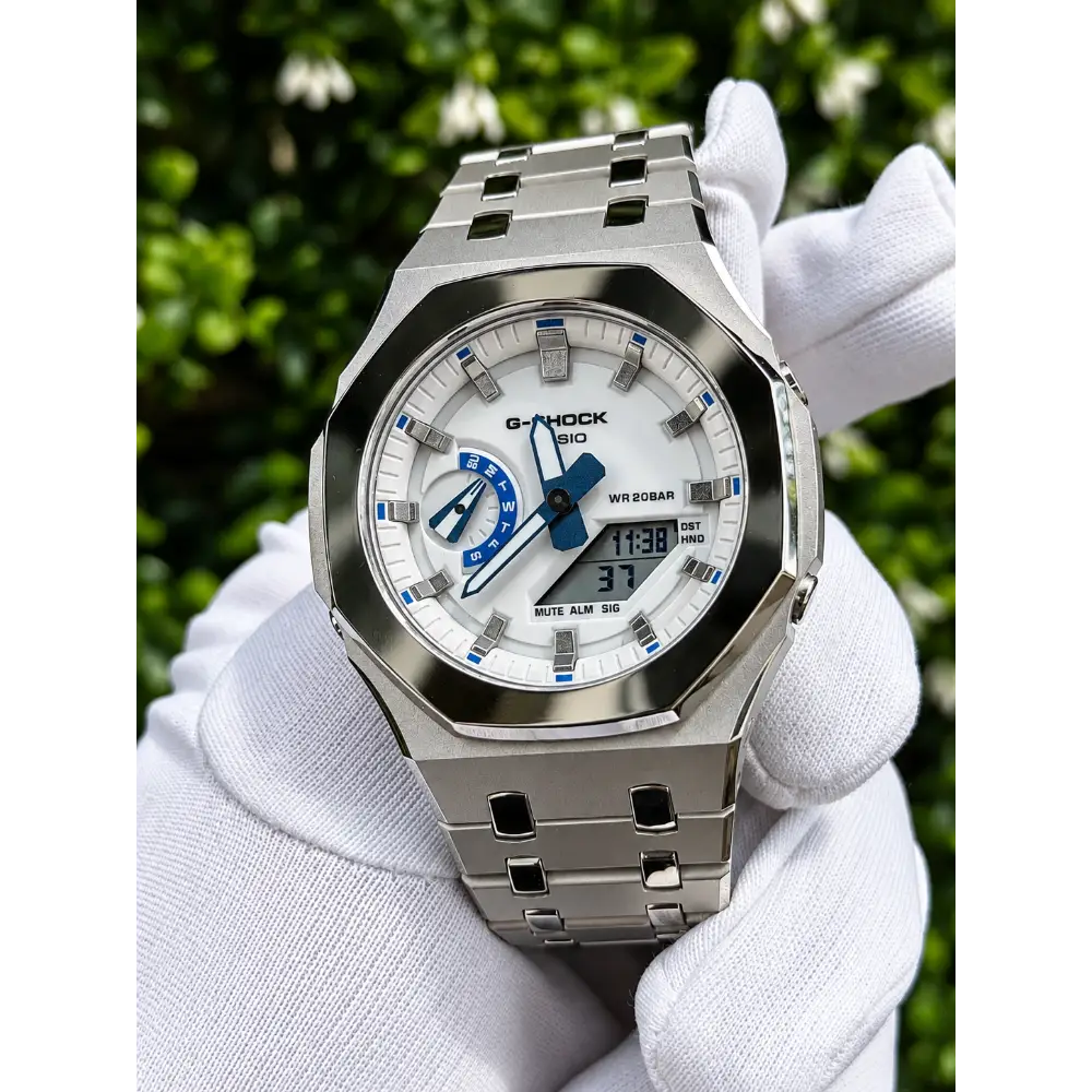 Montre CasiOak Custom – Silver White Blue Mirror Polish - Mod G-Shock GA2100 