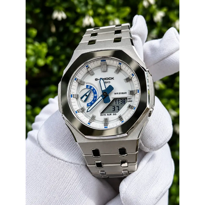 Montre CasiOak Custom – Silver White Blue Mirror Polish - Mod G-Shock GA2100 