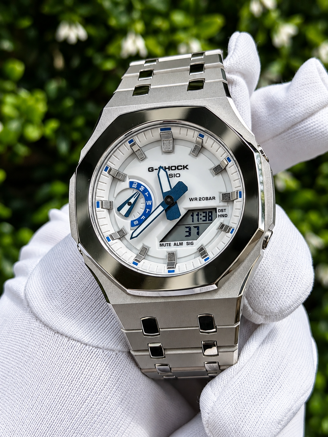 Montre CasiOak Custom – Silver White Blue Mirror Polish - Mod G-Shock GA2100 
