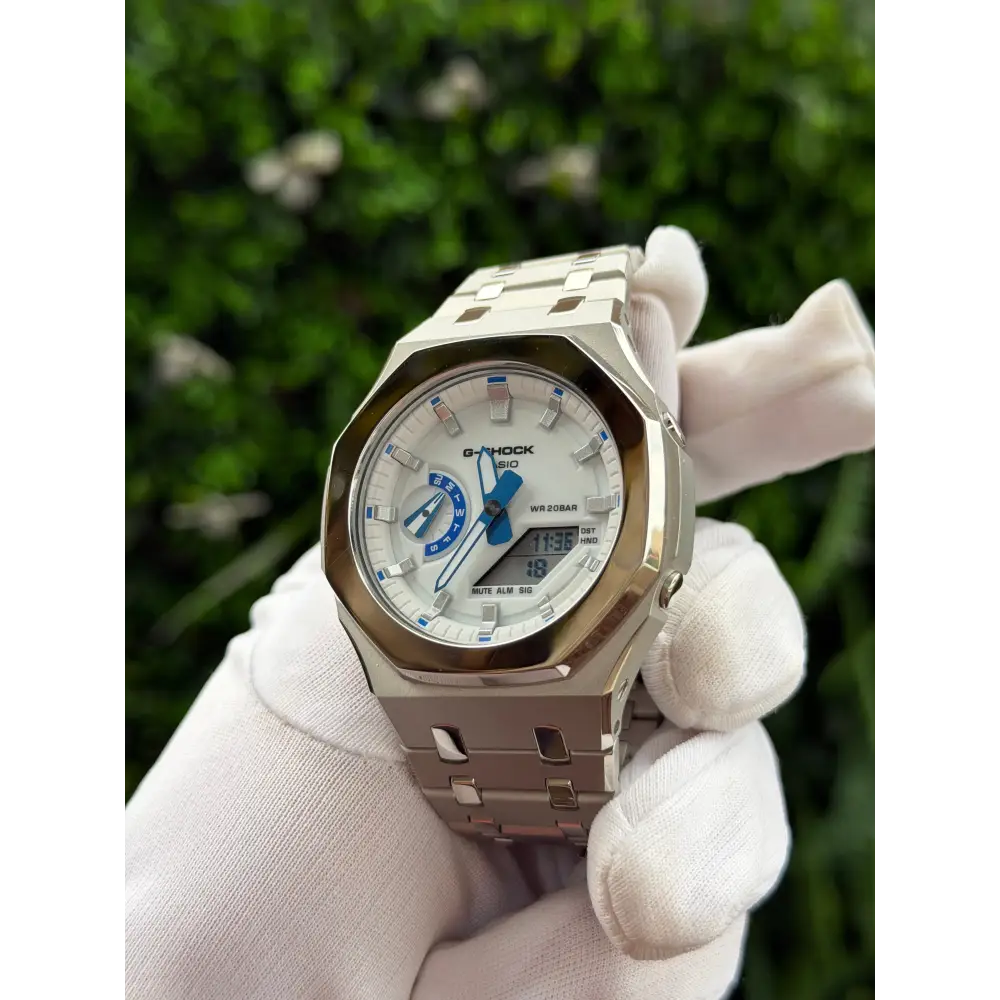 Montre CasiOak Custom – Silver White Blue Mirror Polish - Mod G-Shock GA2100 