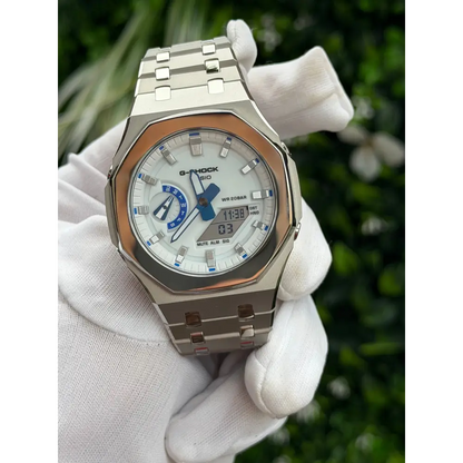 Montre CasiOak Custom – Silver White Blue Mirror Polish - Mod G-Shock GA2100 