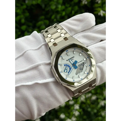 Montre CasiOak Custom – Silver White Blue Mirror Polish - Mod G-Shock GA2100 