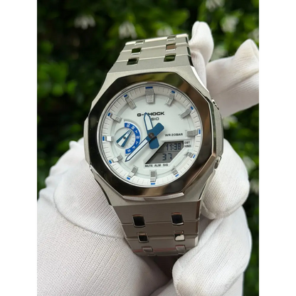 Montre CasiOak Custom – Silver White Blue Mirror Polish - Mod G-Shock GA2100 