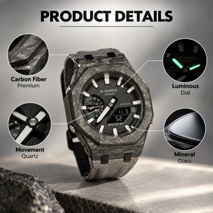 Montre CasiOak Custom – Silver White Carbon Fiber - Nylon Canvas Velcro Strap - Mod G-Shock GA2100
