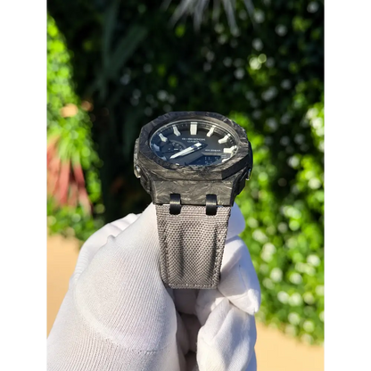 Montre CasiOak Custom – Silver White Carbon Fiber - Nylon Canvas Velcro Strap - Mod G-Shock GA2100