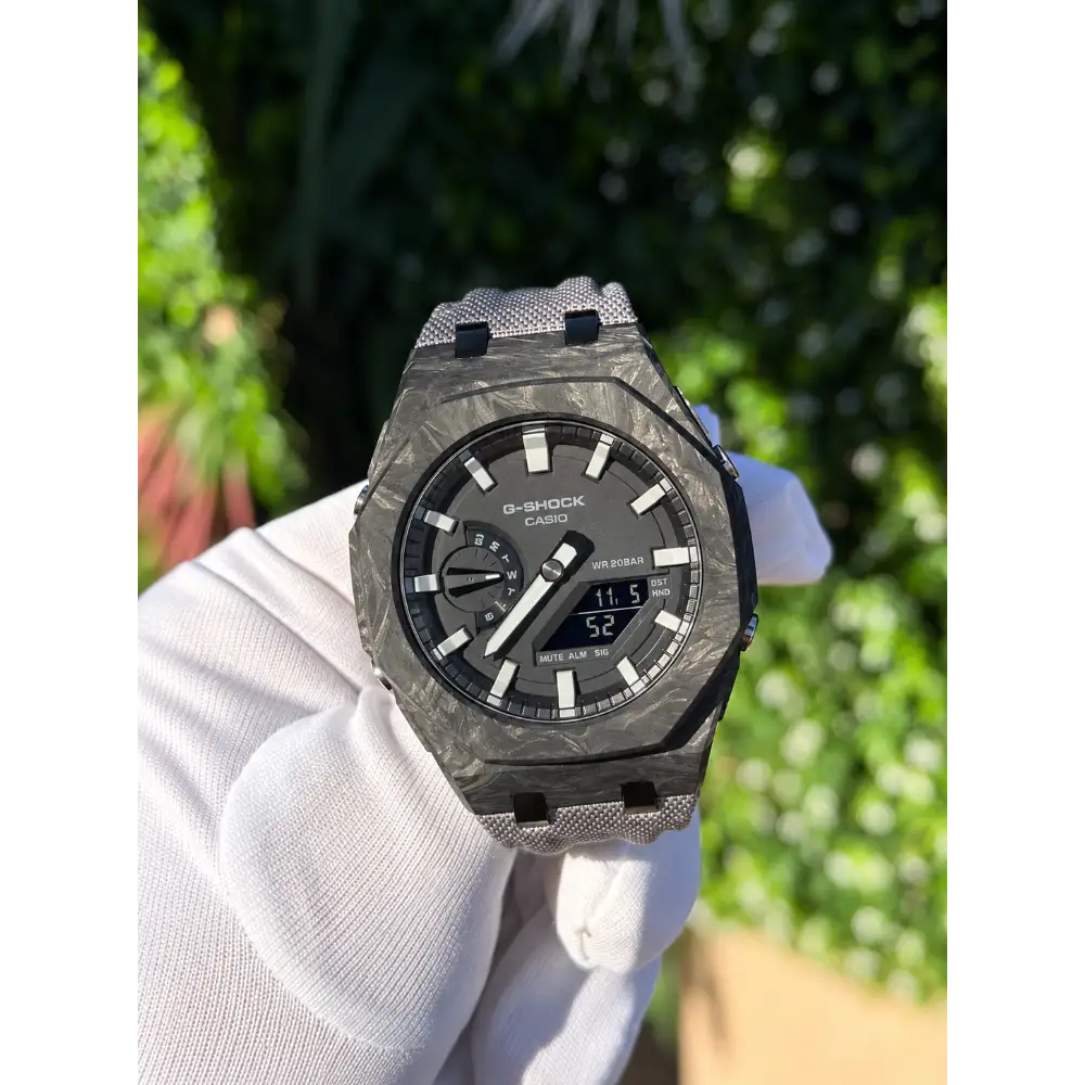 Montre CasiOak Custom – Silver White Carbon Fiber - Nylon Canvas Velcro Strap - Mod G-Shock GA2100