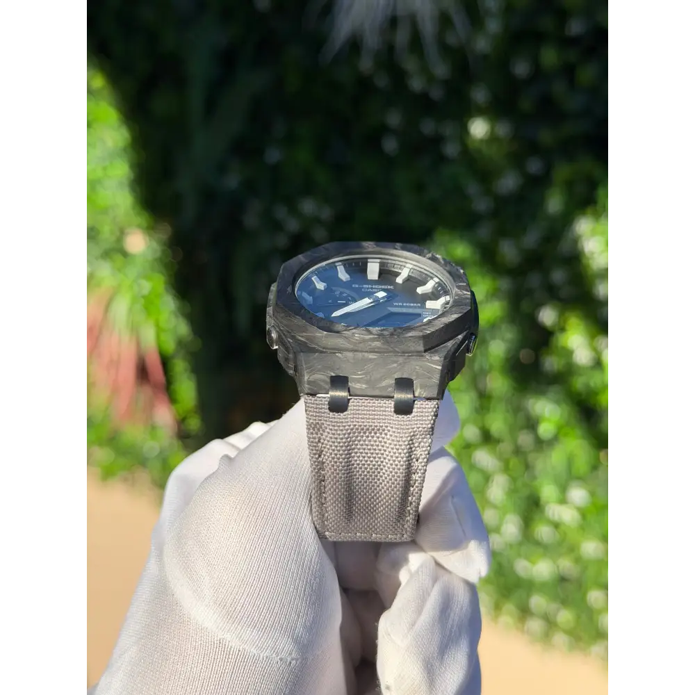 Montre CasiOak Custom – Silver White Carbon Fiber - Nylon Canvas Velcro Strap - Mod G-Shock GA2100