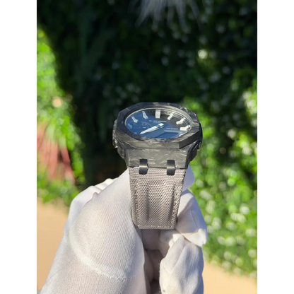 Montre CasiOak Custom – Silver White Carbon Fiber - Nylon Canvas Velcro Strap - Mod G-Shock GA2100