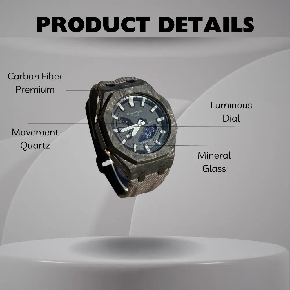 Montre CasiOak Custom – Silver White Carbon Fiber - Nylon Canvas Velcro Strap - Mod G-Shock GA2100