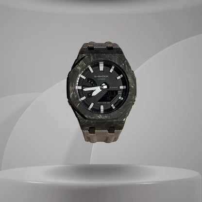 Montre CasiOak Custom – Silver White Carbon Fiber - Nylon Canvas Velcro Strap - Mod G-Shock GA2100