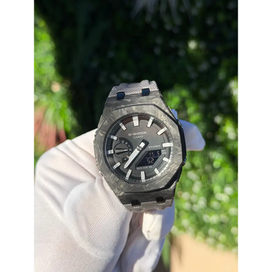 Montre CasiOak Custom – Silver White Carbon Fiber - Nylon Canvas Velcro Strap - Mod G-Shock GA2100