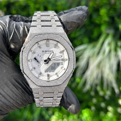 Casio G-Shock Mod Watch - Silver White Frosted - GA-2100 Custom Casioak