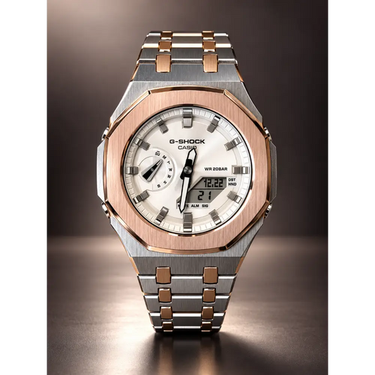 Casio G-Shock GA2100 – Silver White Rose Gold | Custom Casioak | Men's watch | Mod premium | Men's Gift | Custom watch | Modded G-Shock