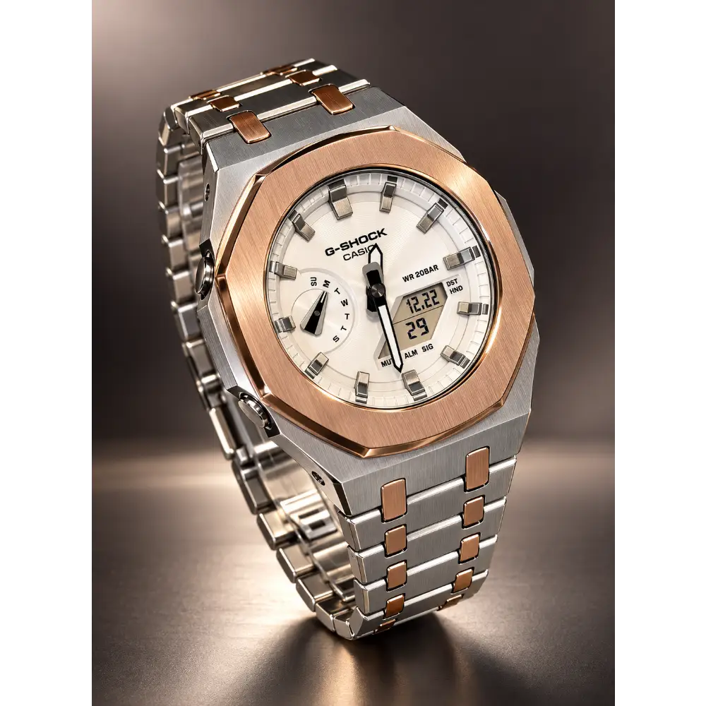 Casio G-Shock GA2100 – Silver White Rose Gold | Custom Casioak | Men's watch | Premium mod | Men's Gift | Custom watch | Modded G-Shock