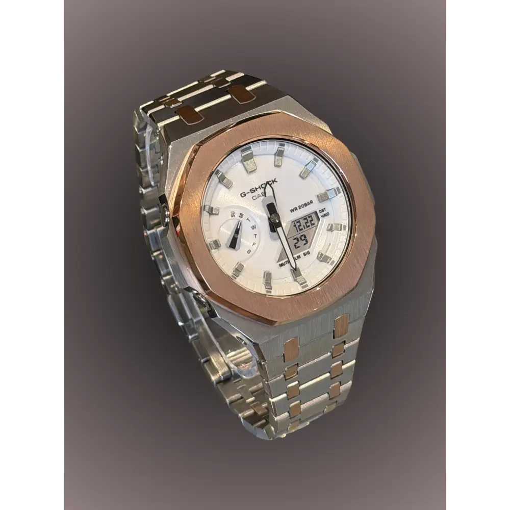 Casio G-Shock GA2100 – Silver White Rose Gold | Custom Casioak | Men's watch | Mod premium | Men's Gift | Custom watch | Modded G-Shock