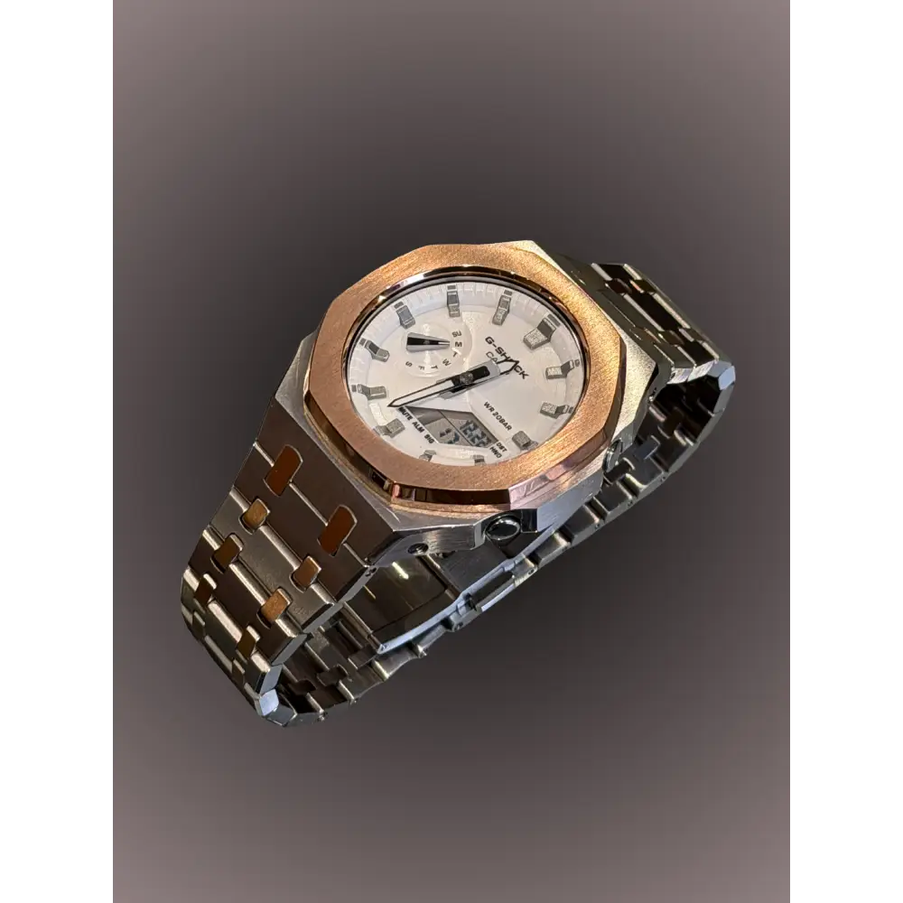 Casio G-Shock GA2100 – Silver White Rose Gold | Custom Casioak | Men's watch | Mod premium | Men's Gift | Custom watch | Modded G-Shock