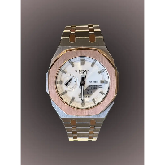 Casio G-Shock GA2100 – Silver White Rose Gold | Custom Casioak | Men's watch | Mod premium | Men's Gift | Custom watch | Modded G-Shock