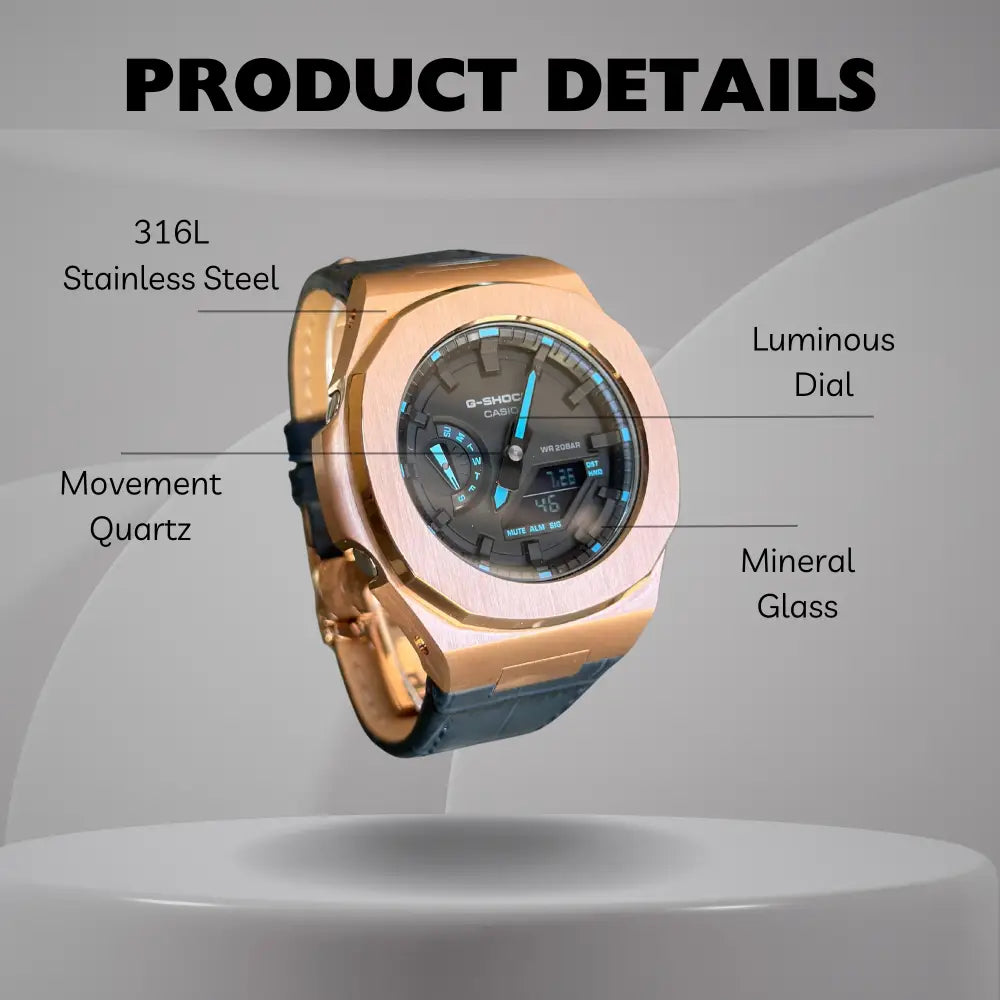 Montre Casionaut Custom – Black Blue Alligator Leather - Vintage Mod G-Shock GA2100