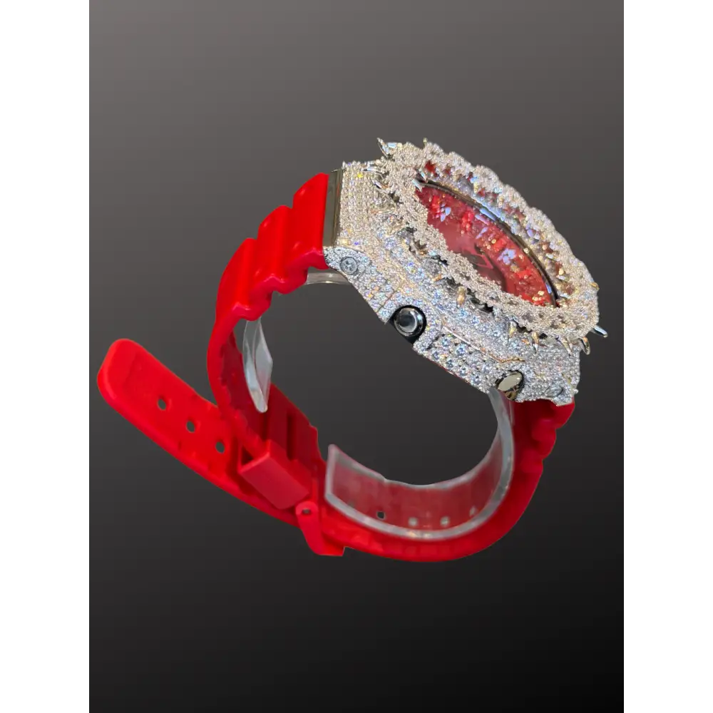 Moissanite Iced-Out Casio G Shock GA-2100 – 925 Full Silver Bezel Thorn Red – Custom Luxury Watch | Hip Hop Style | Diamond Tester Pass