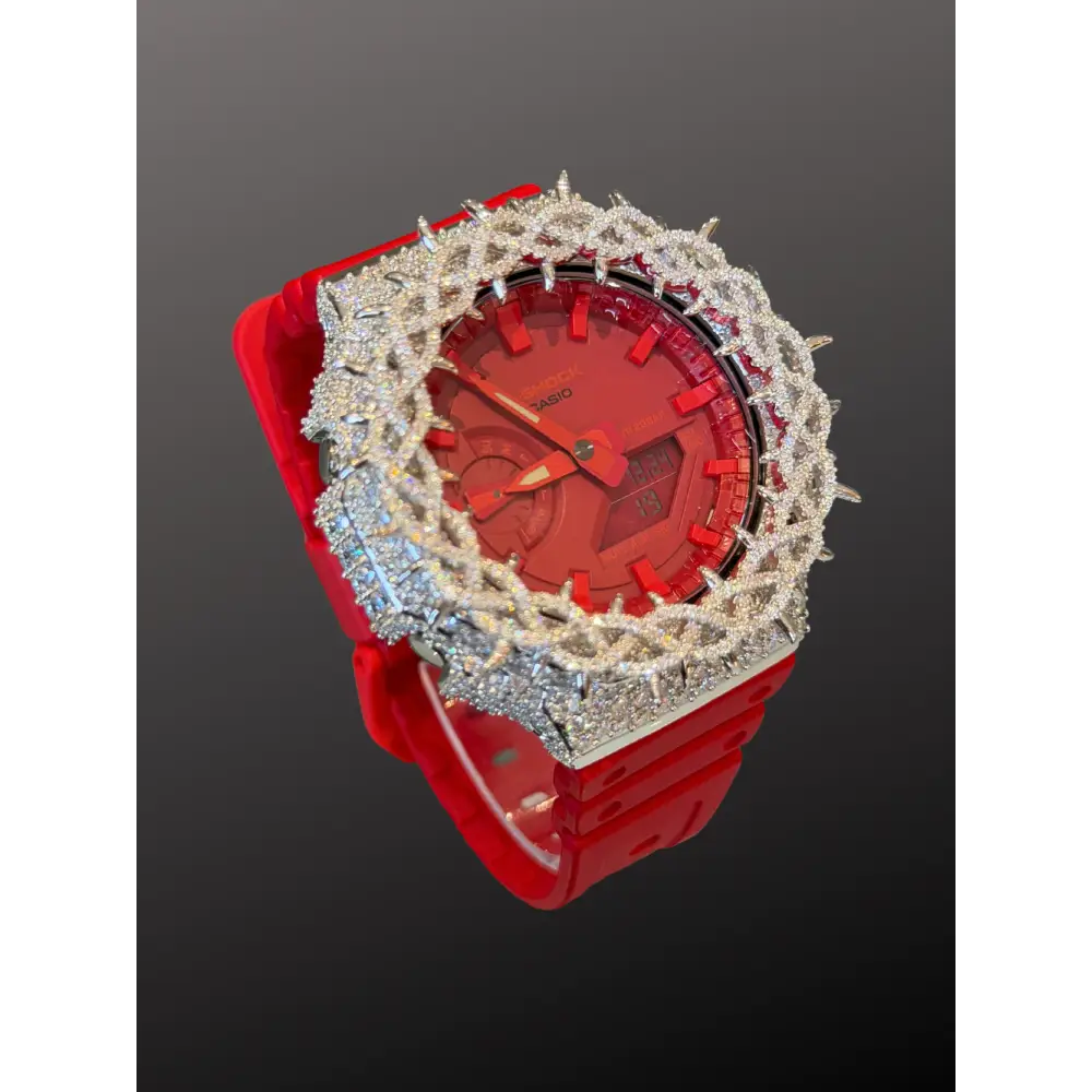 Moissanite Iced-Out Casio G Shock GA-2100 – 925 Full Silver Bezel Thorn Red – Custom Luxury Watch | Hip Hop Style | Diamond Tester Pass