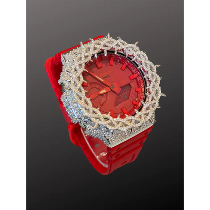 Moissanite Iced-Out Casio G Shock GA-2100 – 925 Full Silver Bezel Thorn Red – Custom Luxury Watch | Hip Hop Style | Diamond Tester Pass
