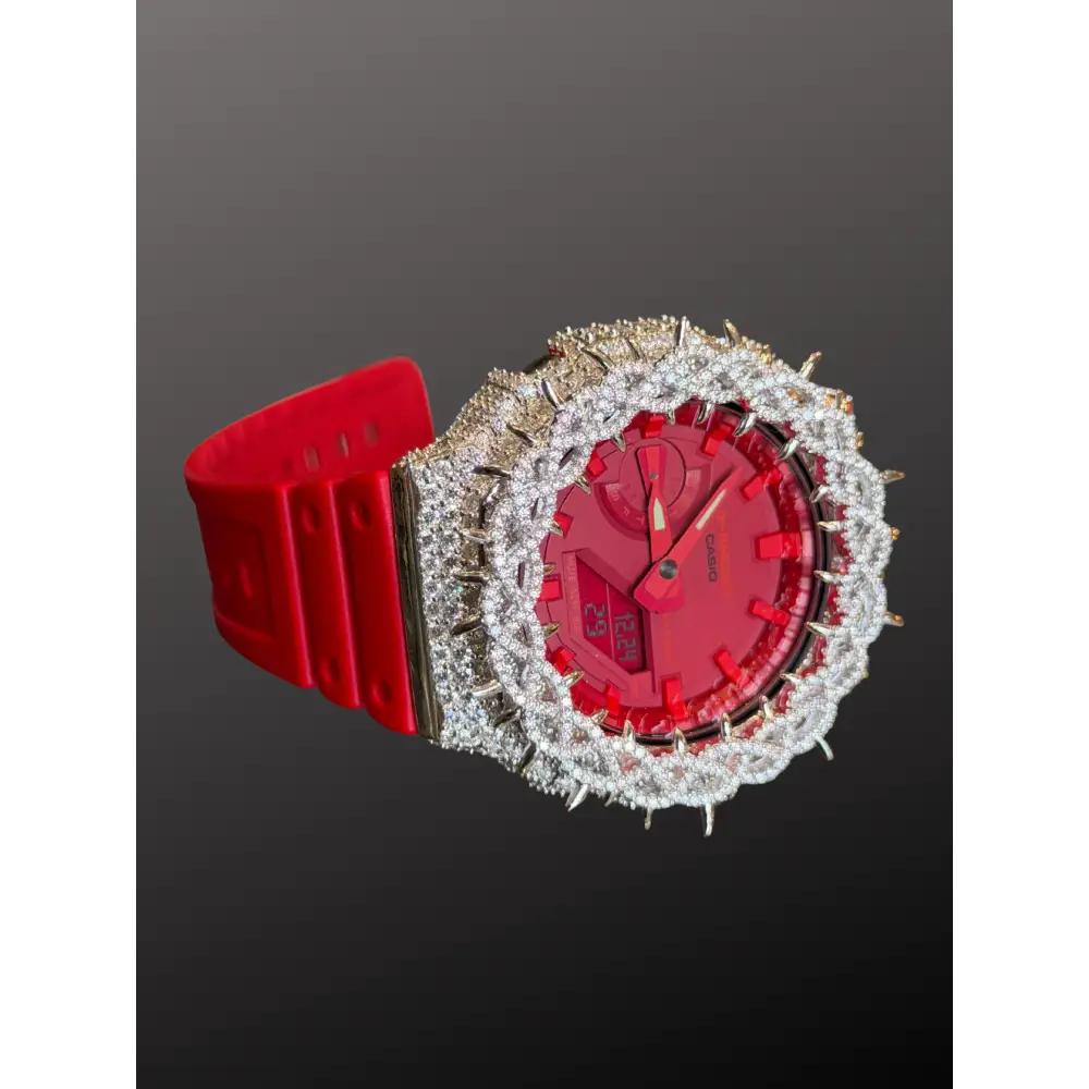 Moissanite Iced-Out Casio G Shock GA-2100 – 925 Full Silver Bezel Thorn Red – Custom Luxury Watch | Hip Hop Style | Diamond Tester Pass
