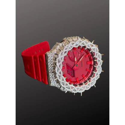 Moissanite Iced-Out Casio G Shock GA-2100 – 925 Full Silver Bezel Thorn Red – Custom Luxury Watch | Hip Hop Style | Diamond Tester Pass