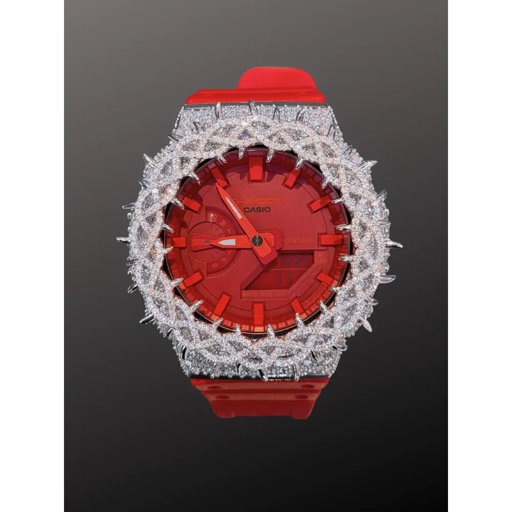 Moissanite Iced-Out Casio G Shock GA-2100 – 925 Full Silver Bezel Thorn Red – Custom Luxury Watch | Hip Hop Style | Diamond Tester Pass