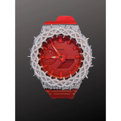 Moissanite Iced-Out Casio G Shock GA-2100 – 925 Full Silver Bezel Thorn Red – Custom Luxury Watch | Hip Hop Style | Diamond Tester Pass