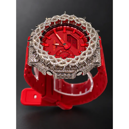 Moissanite Iced-Out Casio G Shock GA-2100 – 925 Full Silver Bezel Thorn Red – Custom Luxury Watch | Hip Hop Style | Diamond Tester Pass