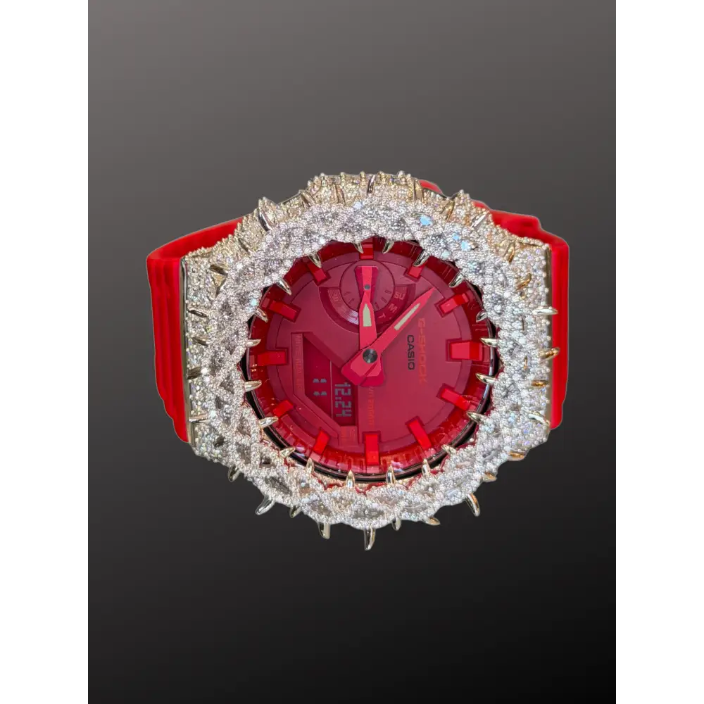 Moissanite Iced-Out Casio G Shock GA-2100 – 925 Full Silver Bezel Thorn Red – Custom Luxury Watch | Hip Hop Style | Diamond Tester Pass