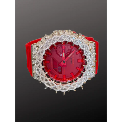 Moissanite Iced-Out Casio G Shock GA-2100 – 925 Full Silver Bezel Thorn Red – Custom Luxury Watch | Hip Hop Style | Diamond Tester Pass